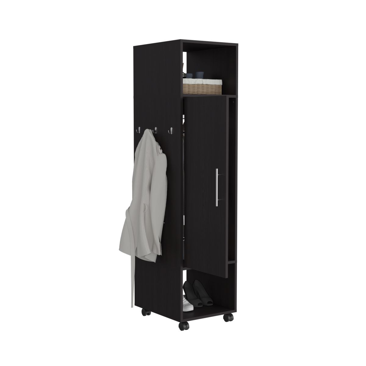 FMFURNITURE - Closet Con Espejo 1 Puerta y Ruedas - Negro 160x40x48 cm