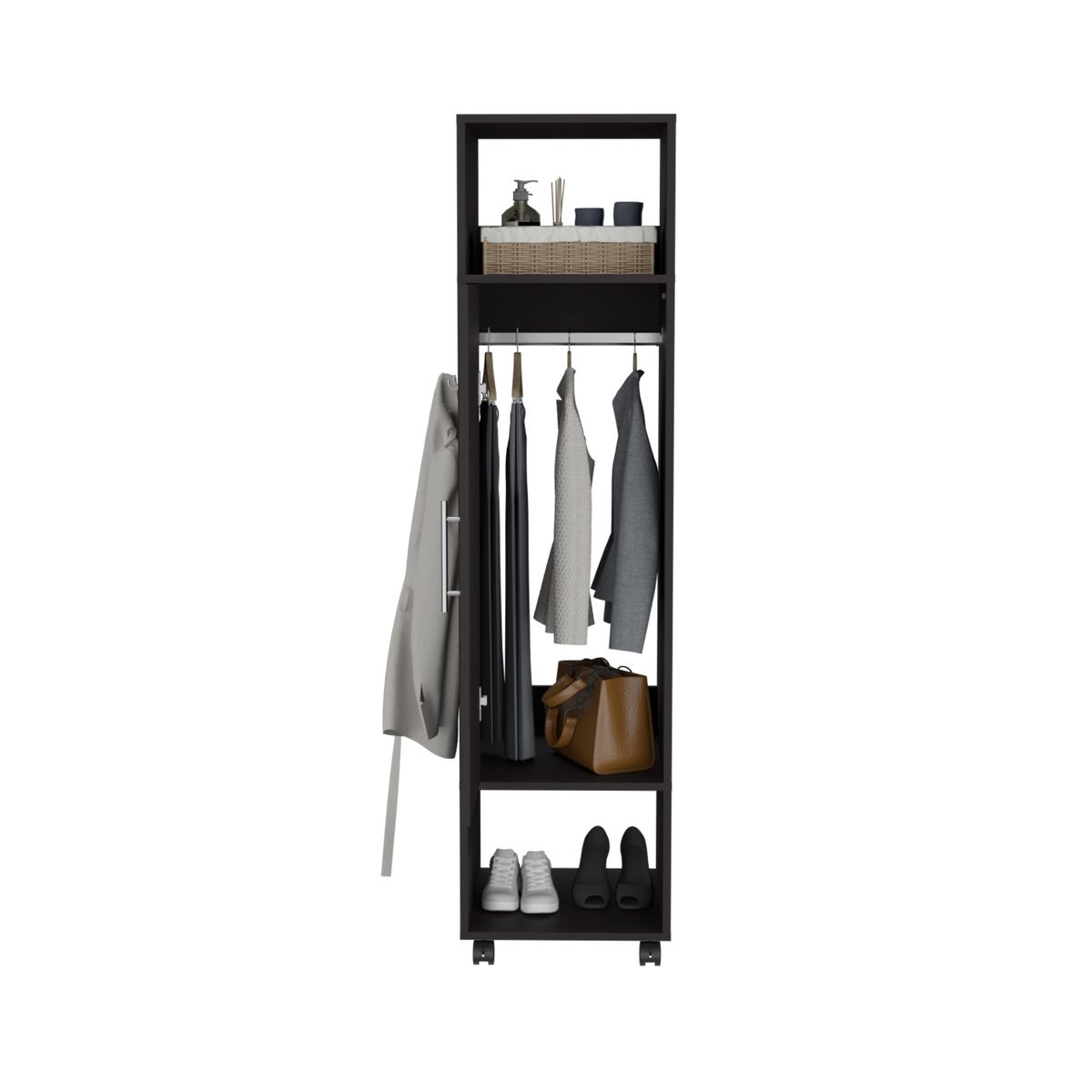 FMFURNITURE - Closet Con Espejo 1 Puerta y Ruedas - Negro 160x40x48 cm