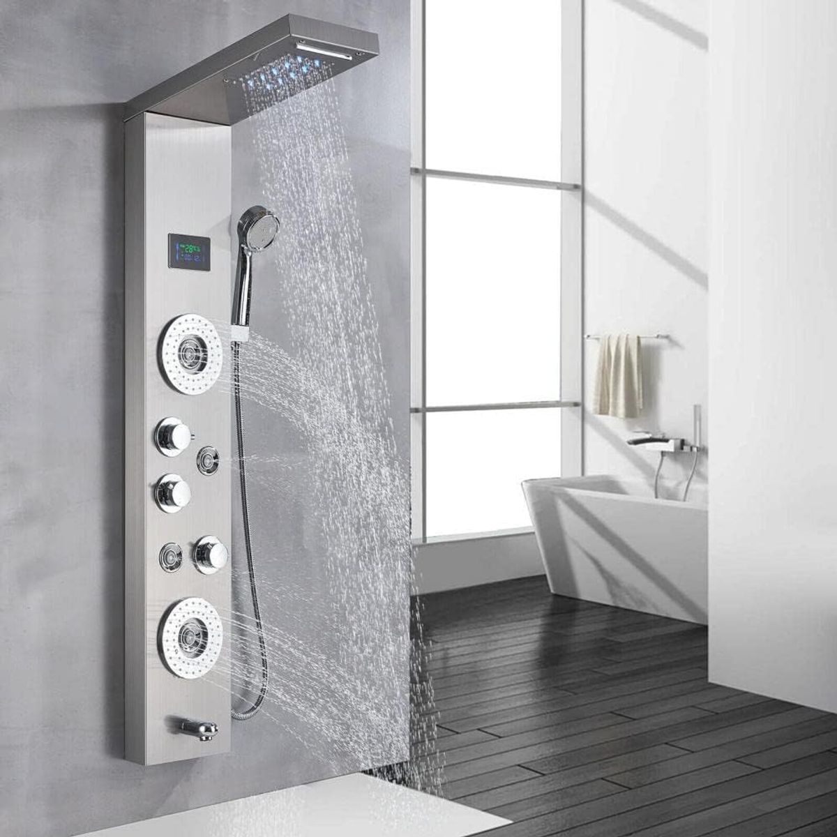 YOMYM - Llave Monomando Columna Tina Ducha Moderna Negra 148x20 cm 3 Jets