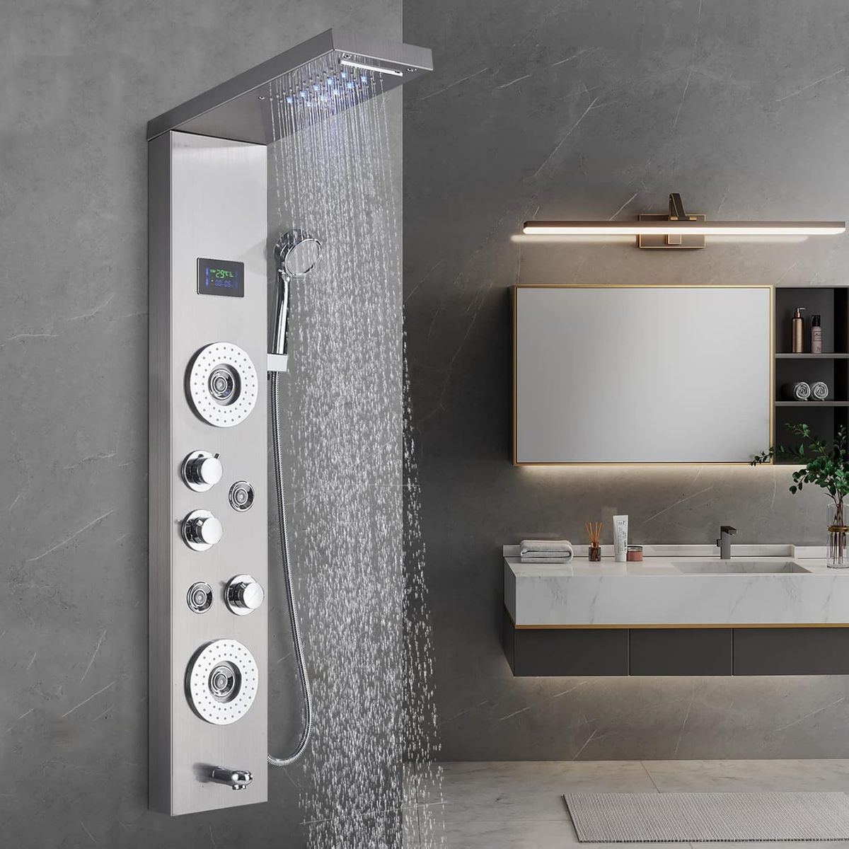 YOMYM - Llave Monomando Columna Tina Ducha Moderna Negra 148x20 cm 3 Jets