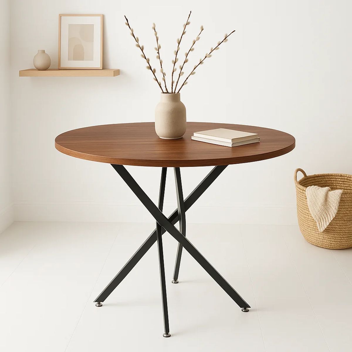 KLIK - Mesa de comedor redonda 100cm color Madera Oscura Walnut enrejada - Café Oscuro