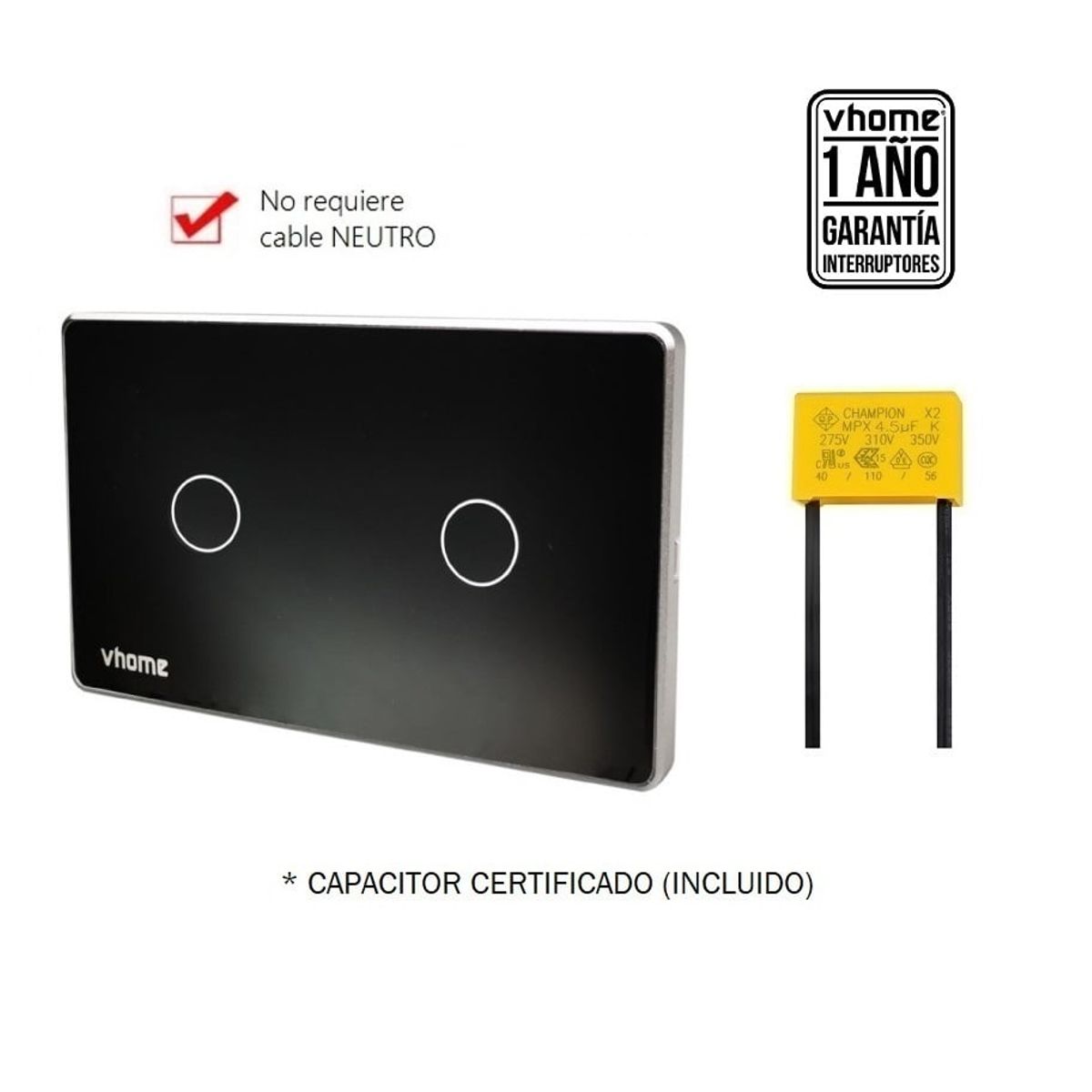 VHOME - Interruptor Wifi RF Vhome Design Vector Black Sin Neutro 2 Canales