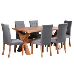 MUEBLES NATIVA - Comedor cruz 100x180 silla 6 vestidas gris