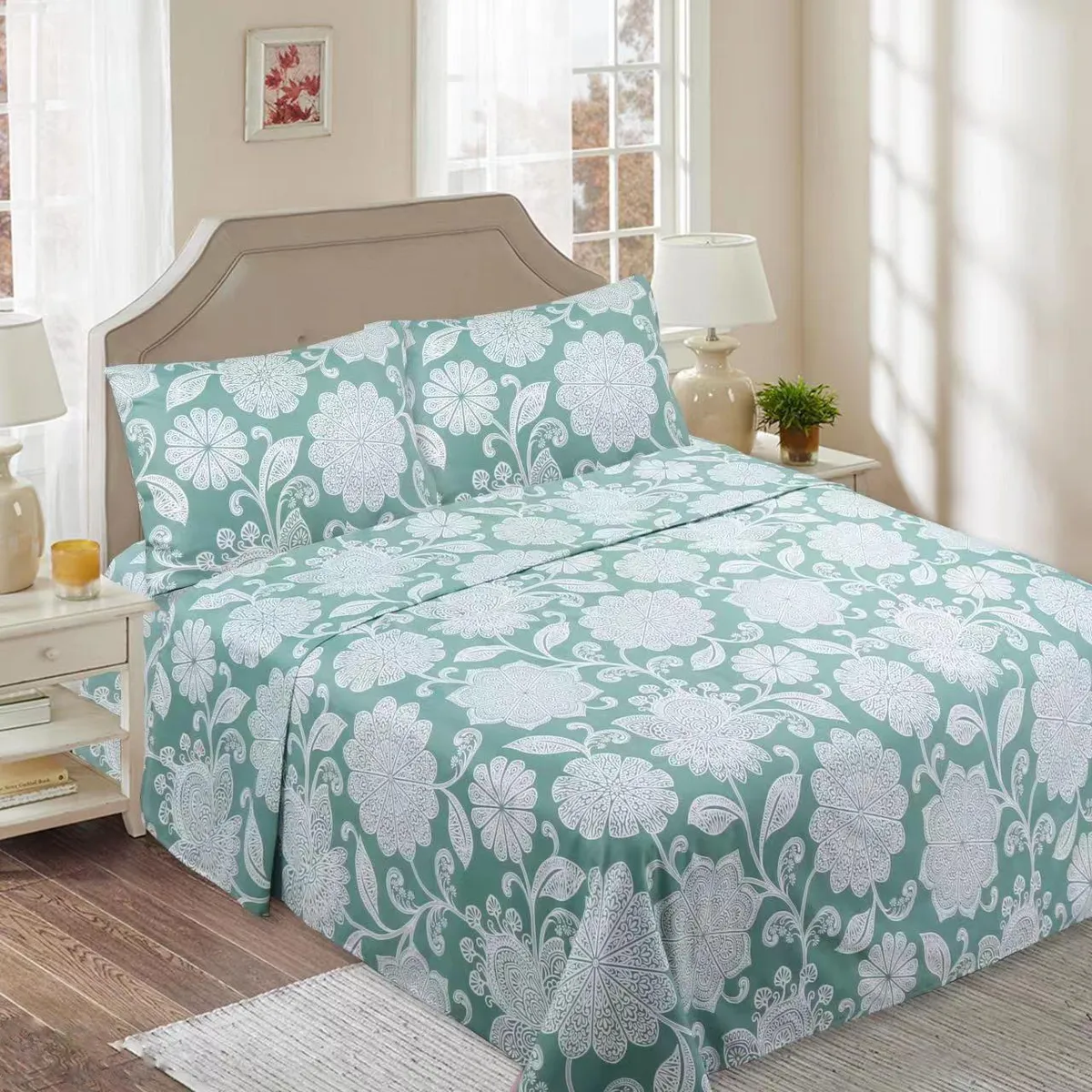 GENERICO - JUEGO DE SABANA CON DISEÑO VERDE FLOR 3 PIEZA 1.5 PLAZA FY