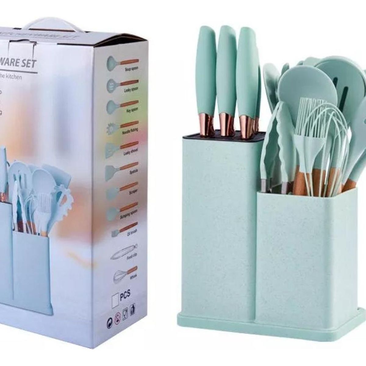 IMPORTCLICK - Set 19 Utensilios Cocina Silicona Acero Inoxidable Verde