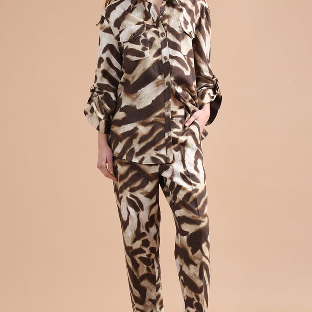 LIOLA - Chaqueta Sobrecamisa Con Lino, Animal Print, Café Liola