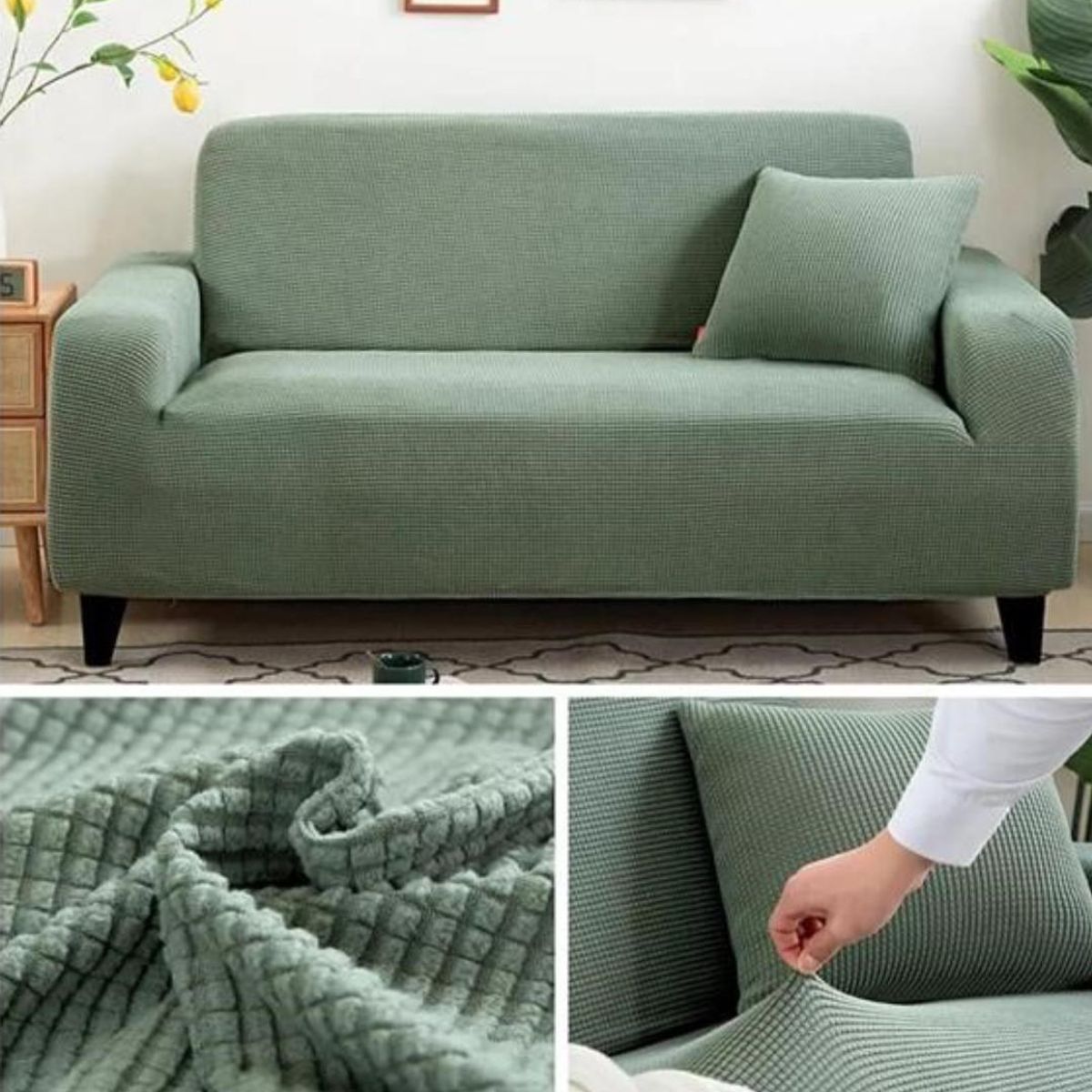 GENERICO - Funda de Sillon 2 Cuerpos Tela Cuadrille Elástico. Color Verde Claro