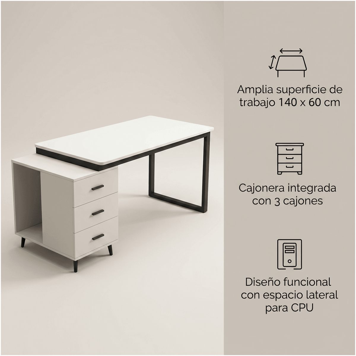 HOMER DESIGN - Escritorio Moderno Con Cajoneras 140x60x75cm Para Oficina