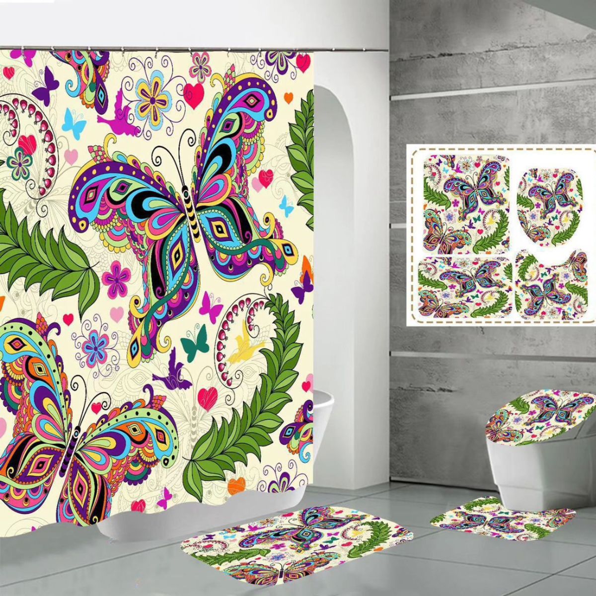 GENERICO - Juego De 4 Alfombrillas Cortina De Baño Mariposa Amarilla