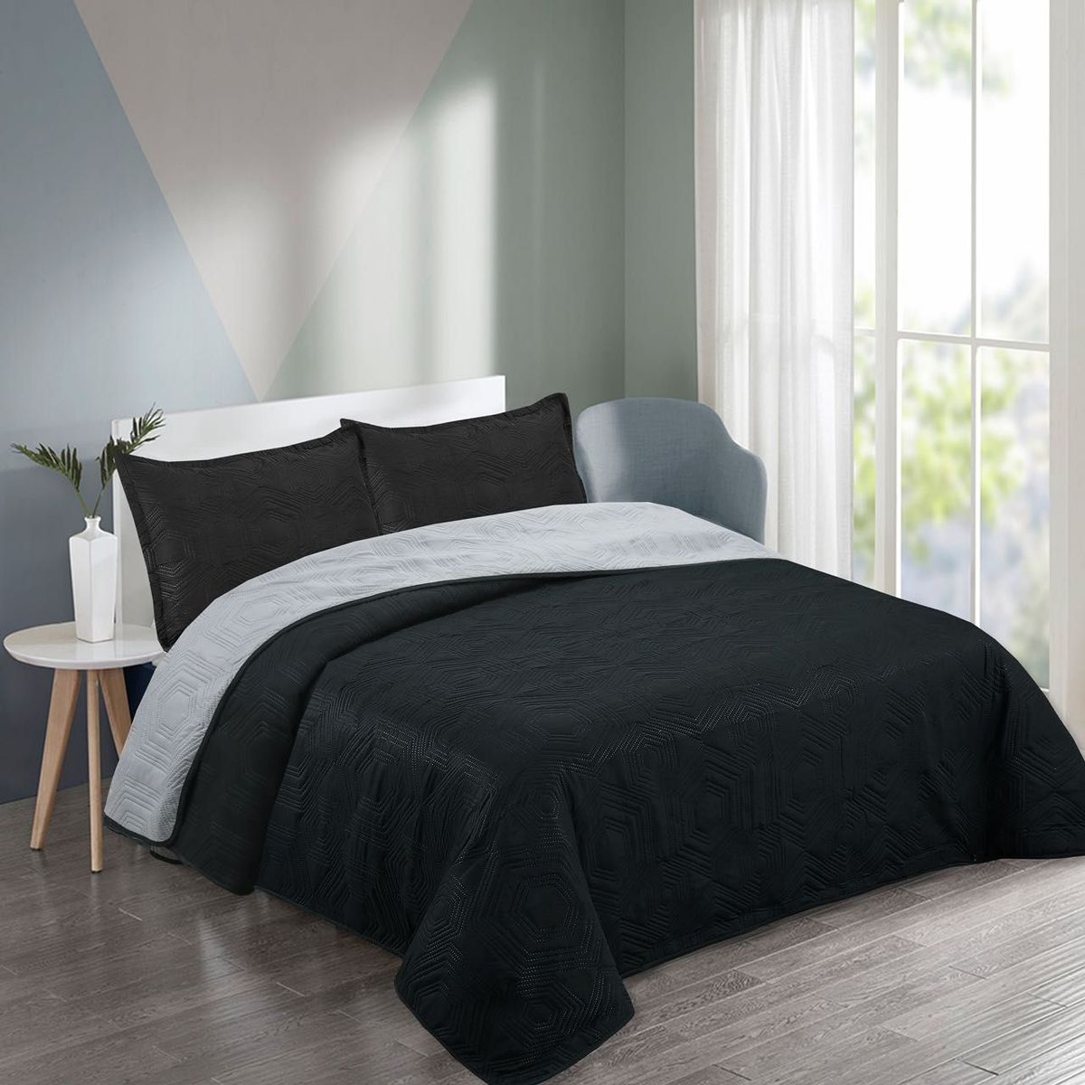 GENERICO - Quilt de Verano 2 plazas. Color Negro con Gris CS08