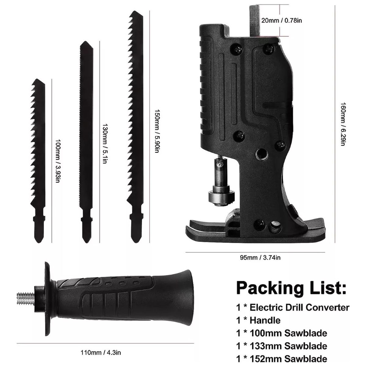 GENERICO - Adaptador Sierra Caladora Taladro + 3 Hojas Madera Metal