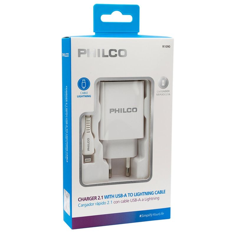 PHILCO - Cargador De Pared 2 USB Cable Lightning Blanco R1090