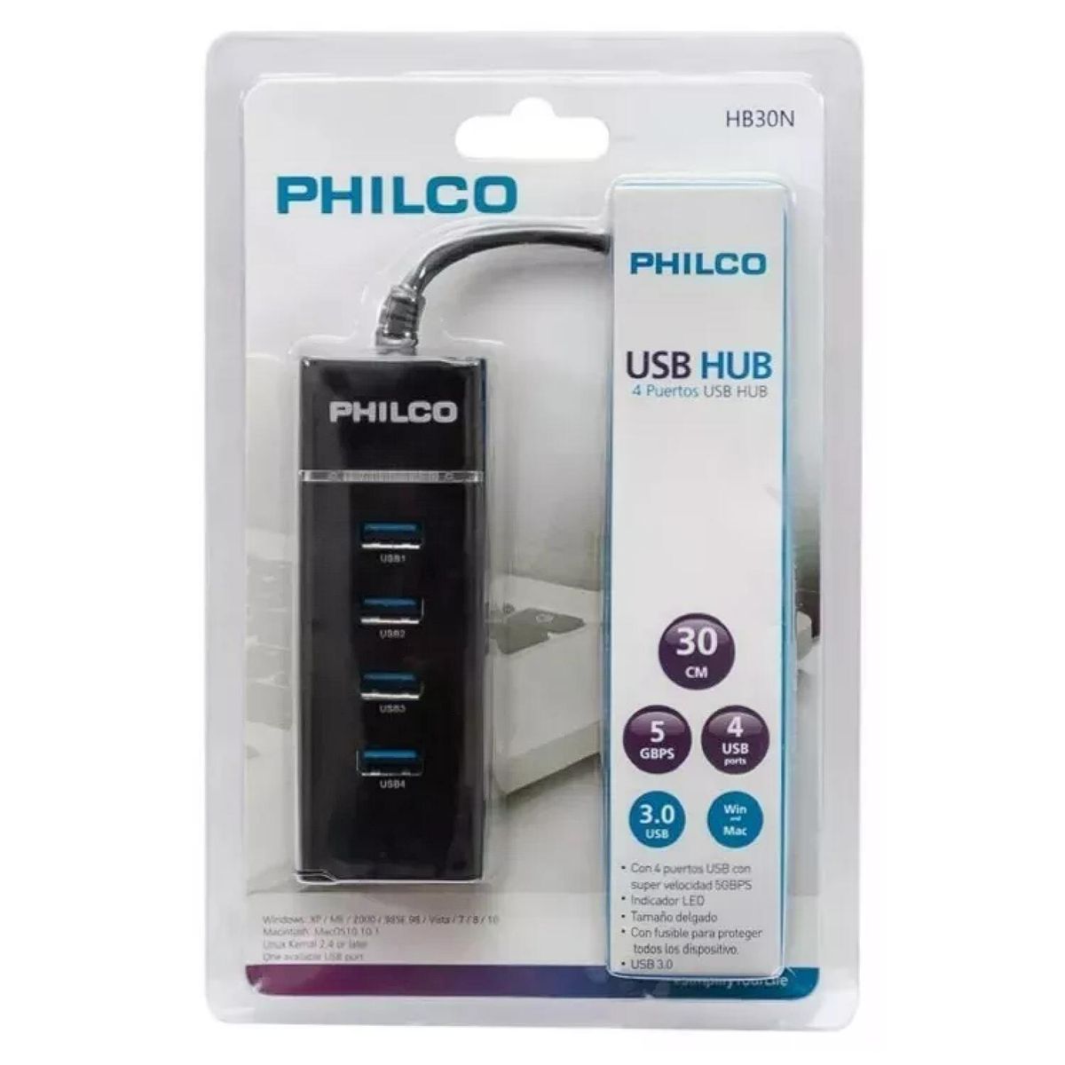PHILCO - Adaptador HUB USB 3.0 4 Puertos Luz Indicadora Negro HB30N