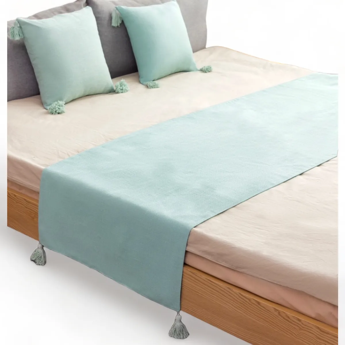 GENERICO - Pie De Cama King + 2 Fundas En Lino Con Borlas 70x210cm - Agua