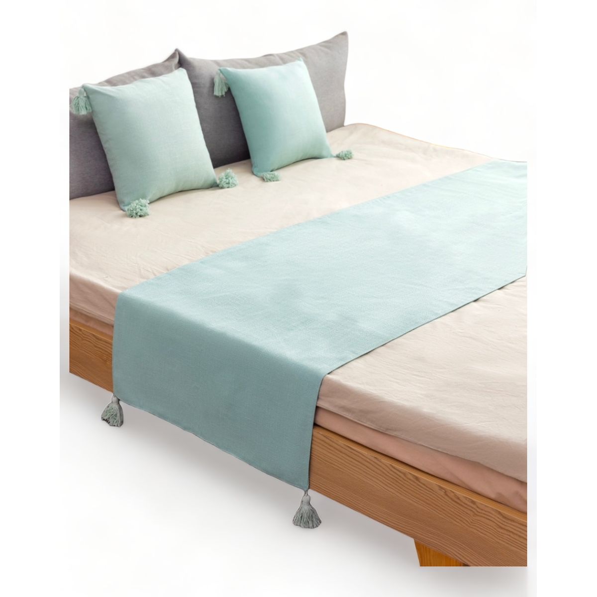 GENERICO - Pie De Cama King + 2 Fundas En Lino Con Borlas 70x210cm - Agua