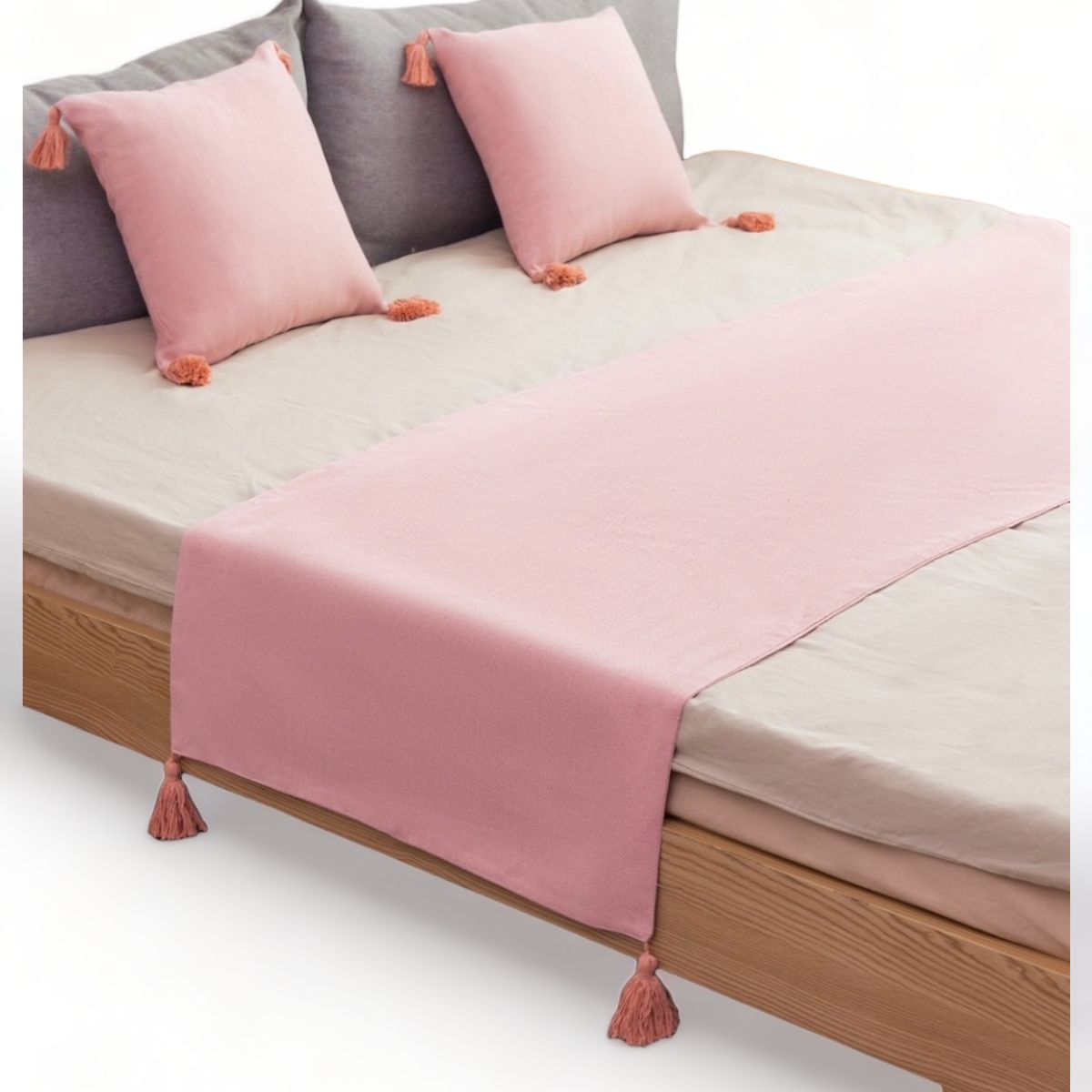 GENERICO - Pie De Cama King + 2 Fundas En Lino Con Borlas 70x210cm - Rosa