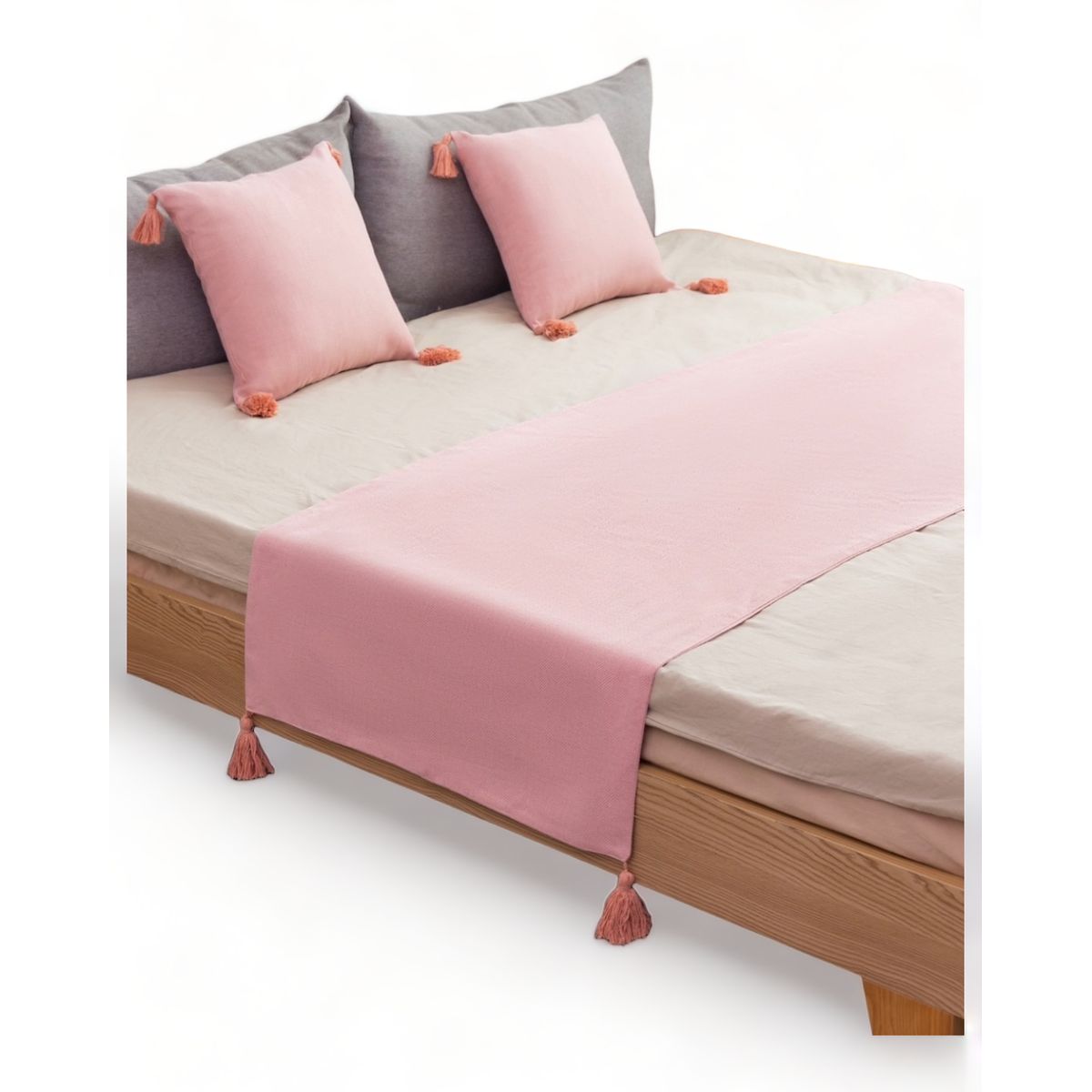 GENERICO - Pie De Cama King + 2 Fundas En Lino Con Borlas 70x210cm - Rosa