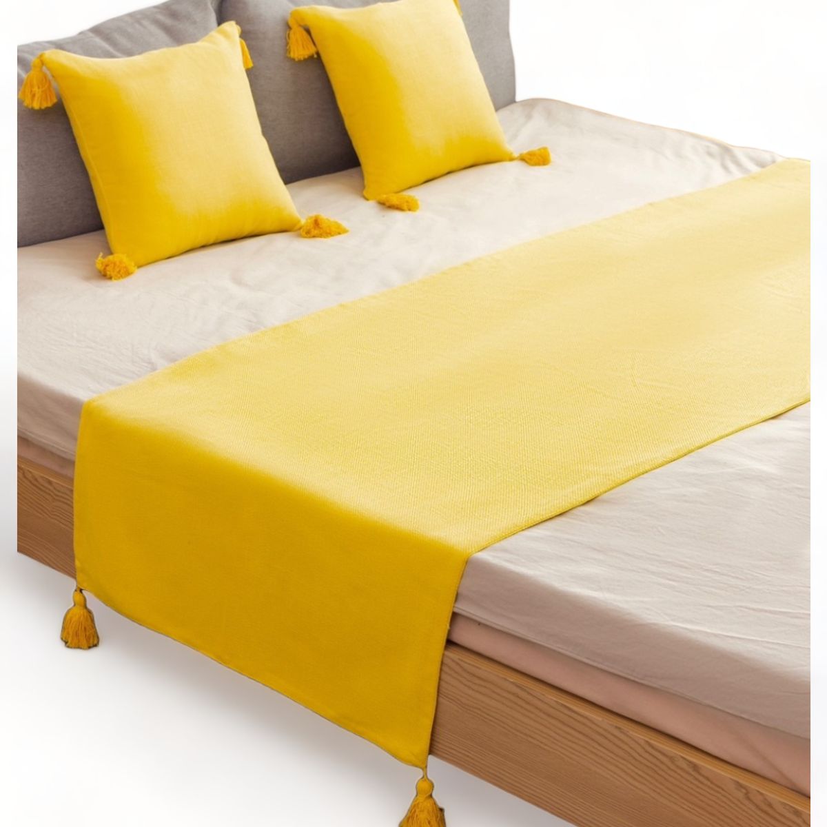 GENERICO - Pie De Cama King + 2 Fundas En Lino Con Borlas 70x210cm - Amarillo