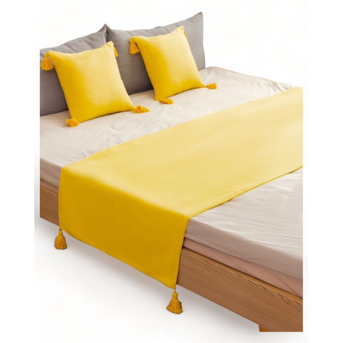 GENERICO - Pie De Cama King + 2 Fundas En Lino Con Borlas 70x210cm - Amarillo