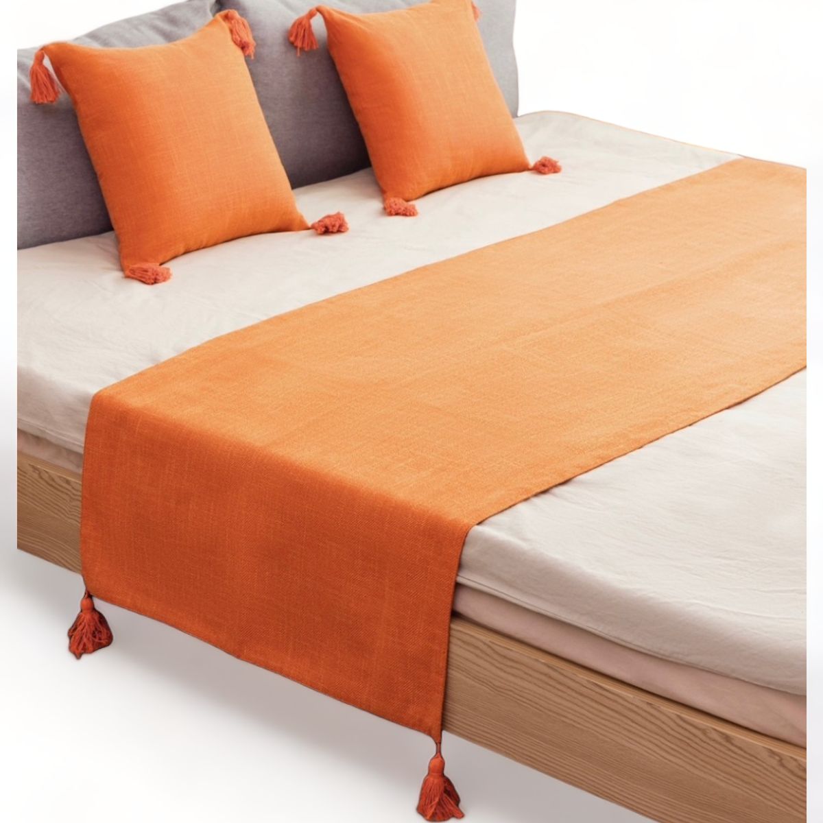 GENERICO - Pie De Cama King + 2 Fundas En Lino Con Borlas 70x210cm - Naranja