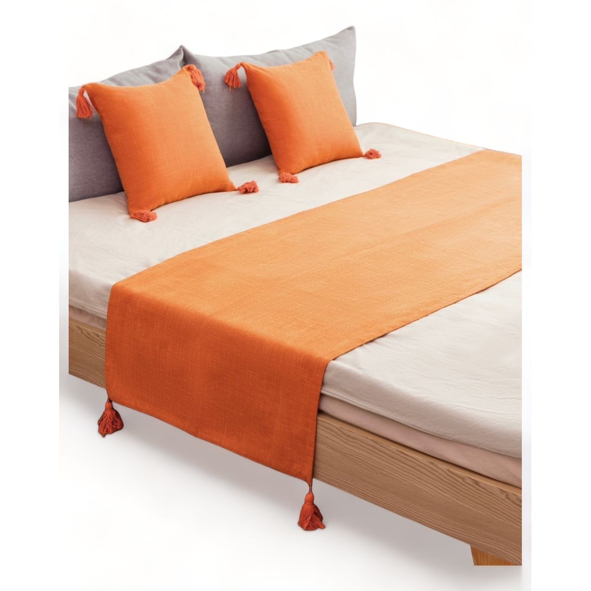 GENERICO - Pie De Cama King + 2 Fundas En Lino Con Borlas 70x210cm - Naranja