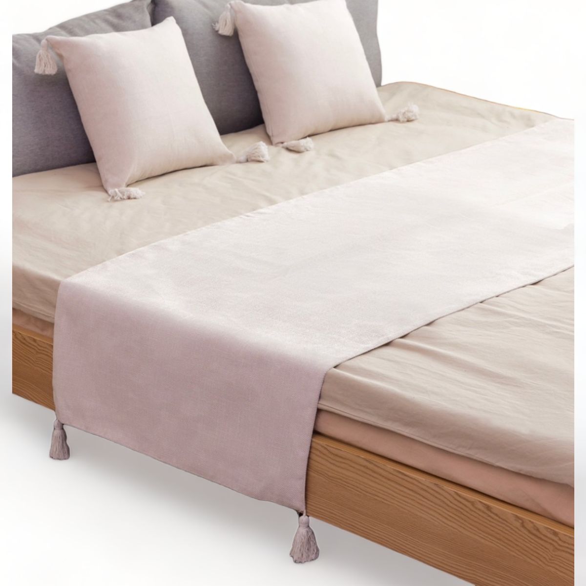 GENERICO - Pie De Cama King + 2 Fundas En Lino Con Borlas 70x210cm - Crema