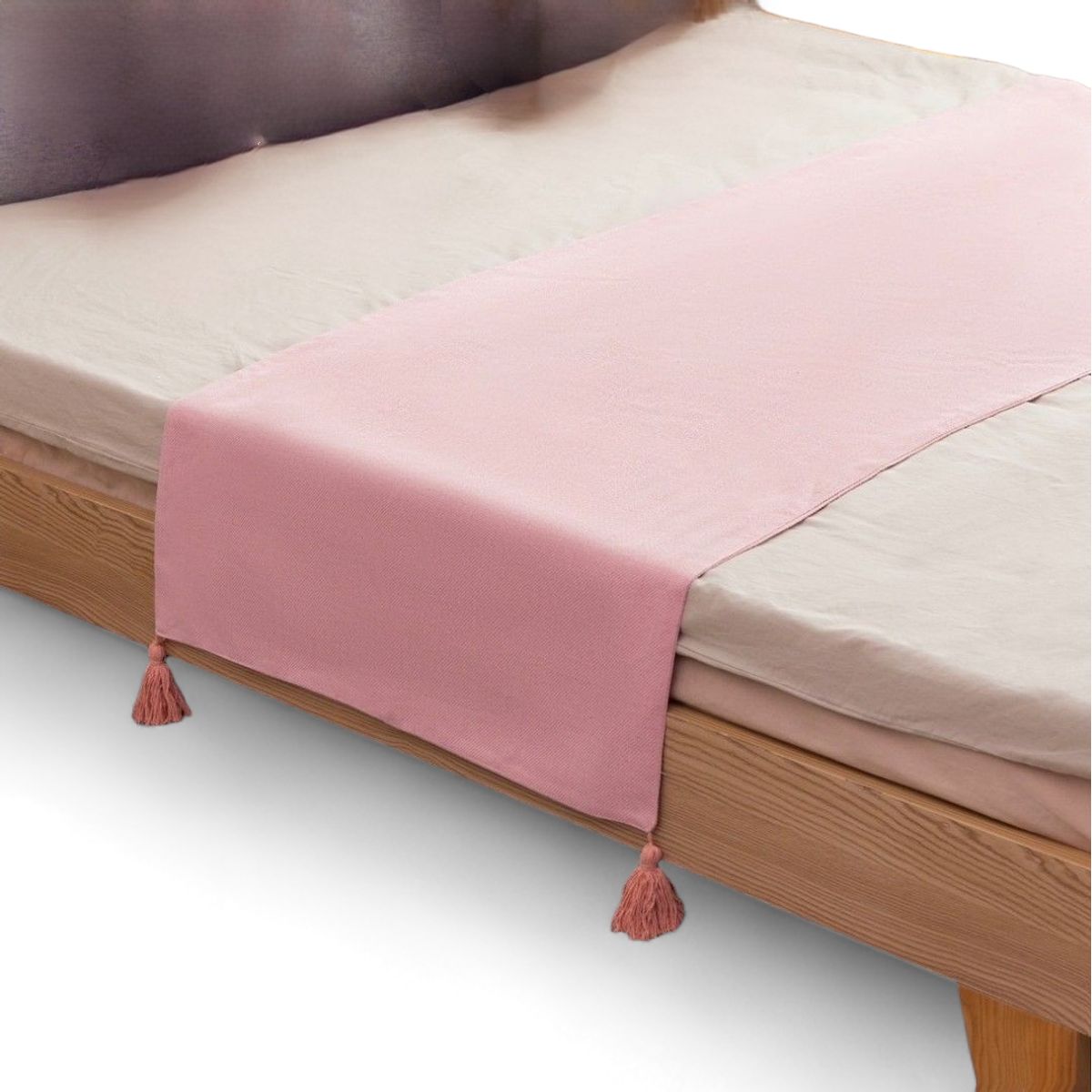 GENERICO - Piecera Para Cama 2 Plaza - King En Lino Pompones 70x210cm - Rosa