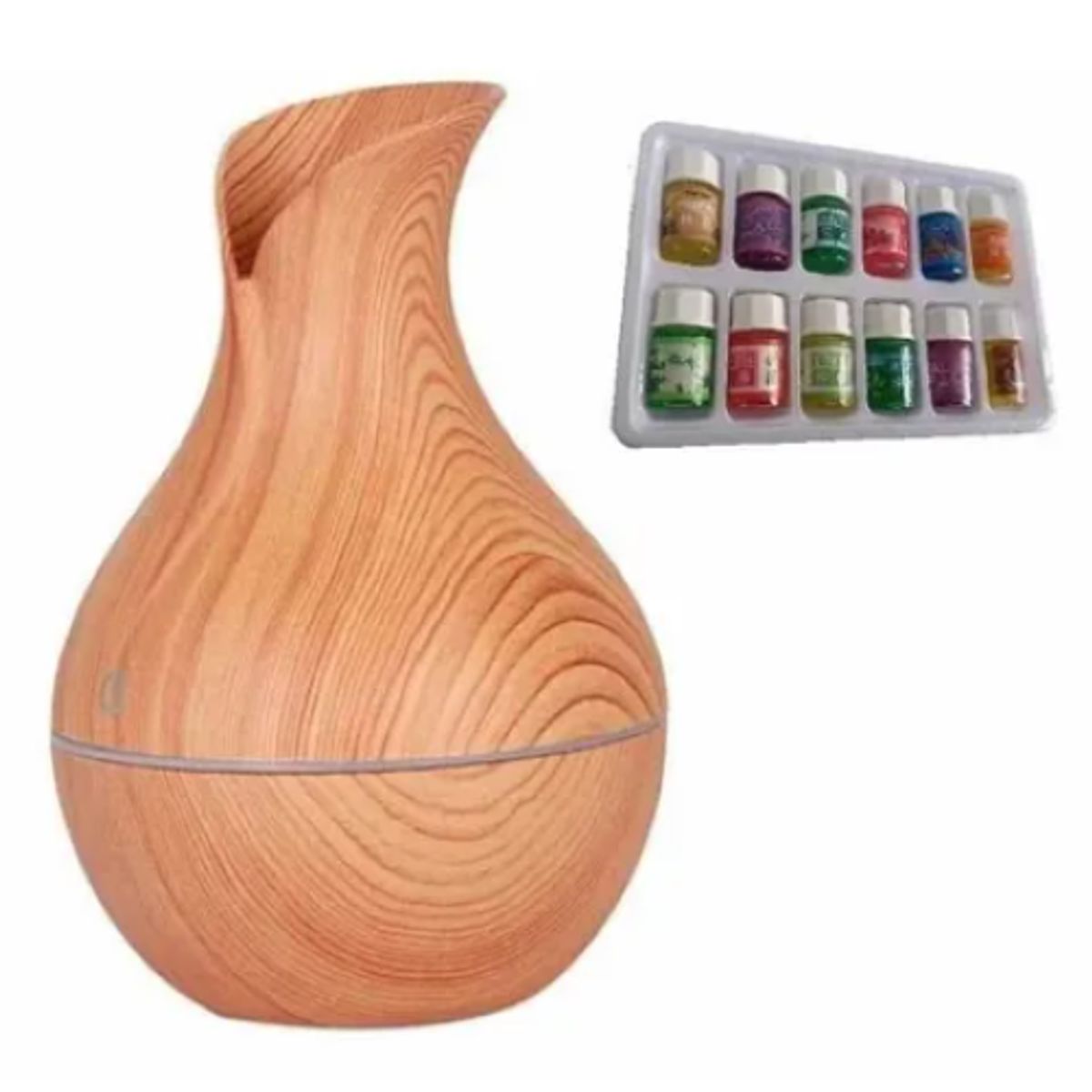 GENERICO - Humidificador Difusor Tipo Jarrón Madera + 12 Esencias Aromaticas