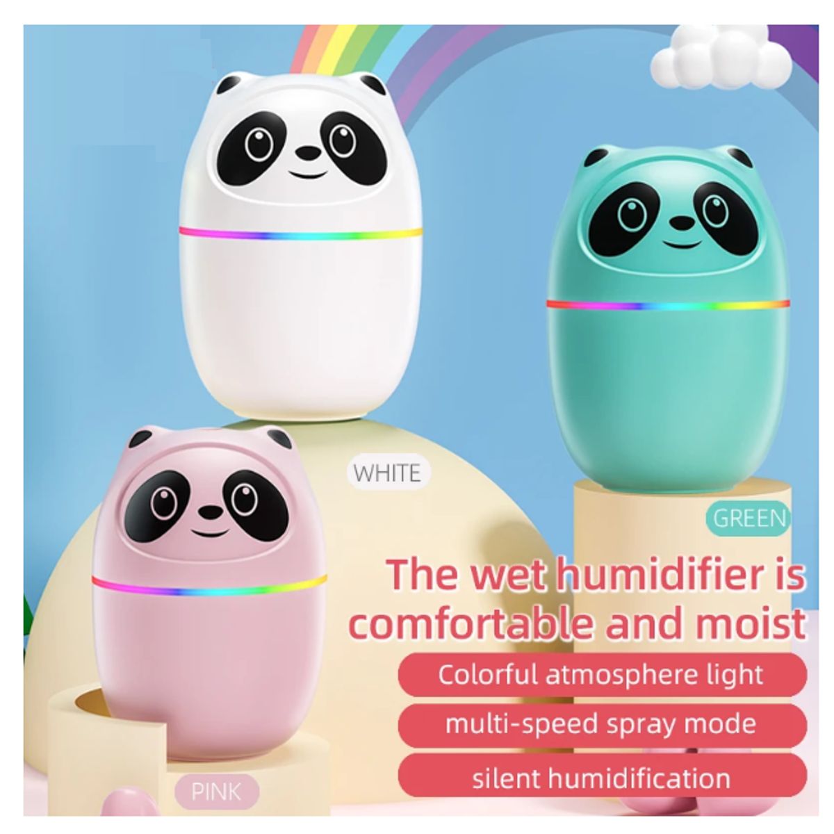 GENERICO - Humidificador Aromático De Panda Con 6 Esencias Rosado…