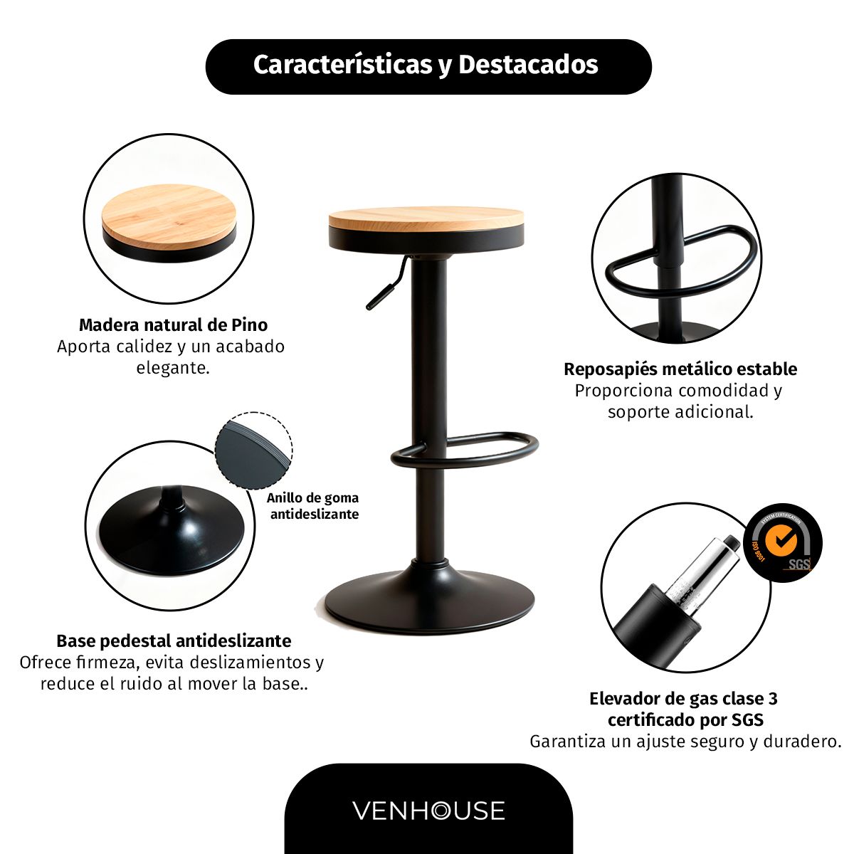 GENERICO - Taburete Aron Altura Regulable Con Asiento De Madera Negro