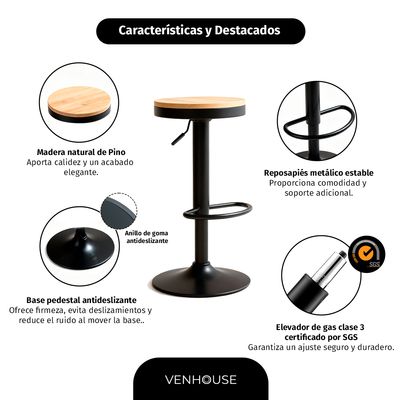 Imagen 2 del producto Taburete Aron Altura Regulable Con Asiento De Madera Negro