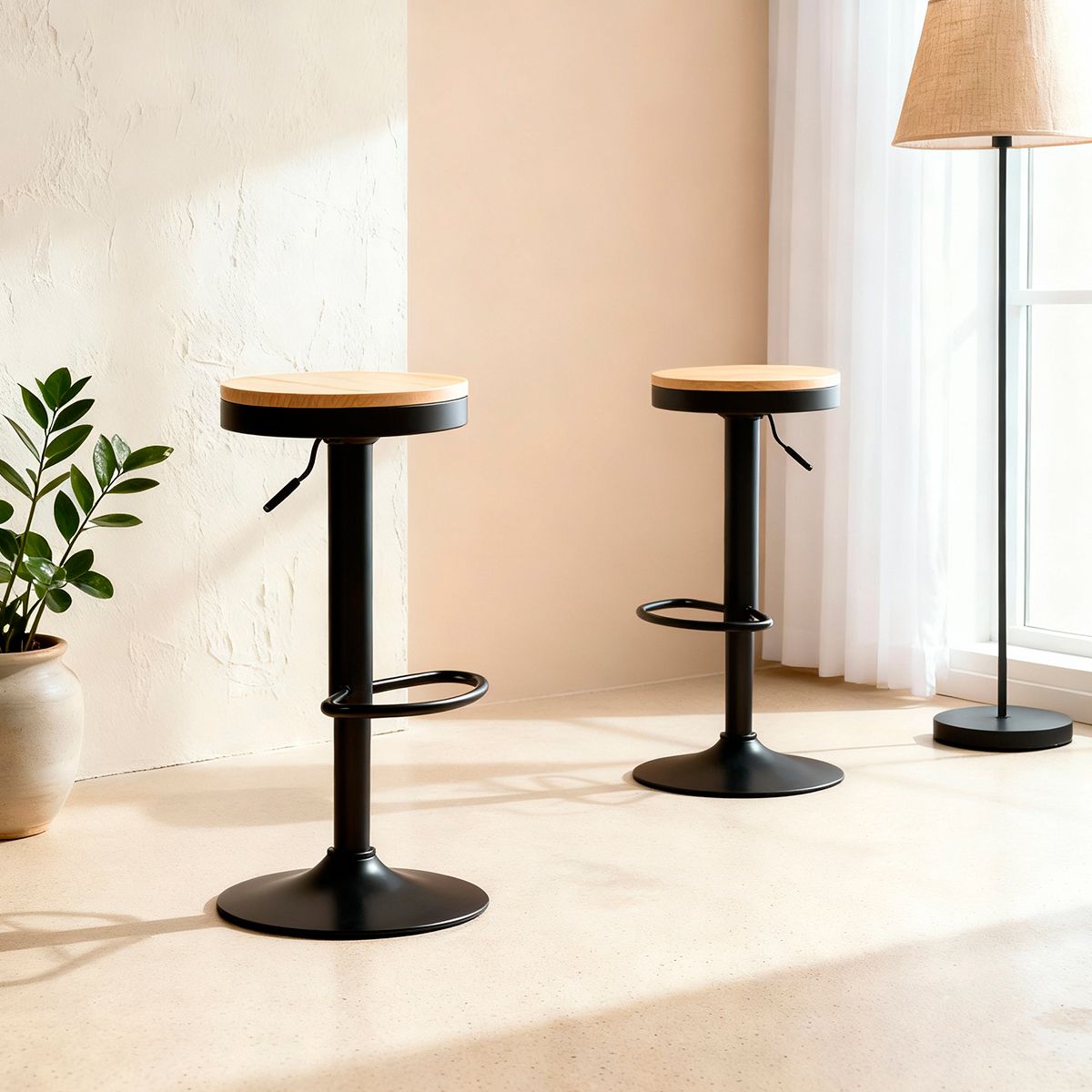 VENHOOUSE - Pack 2 Taburete Aron Altura Regulable Con Asiento De Madera Negro