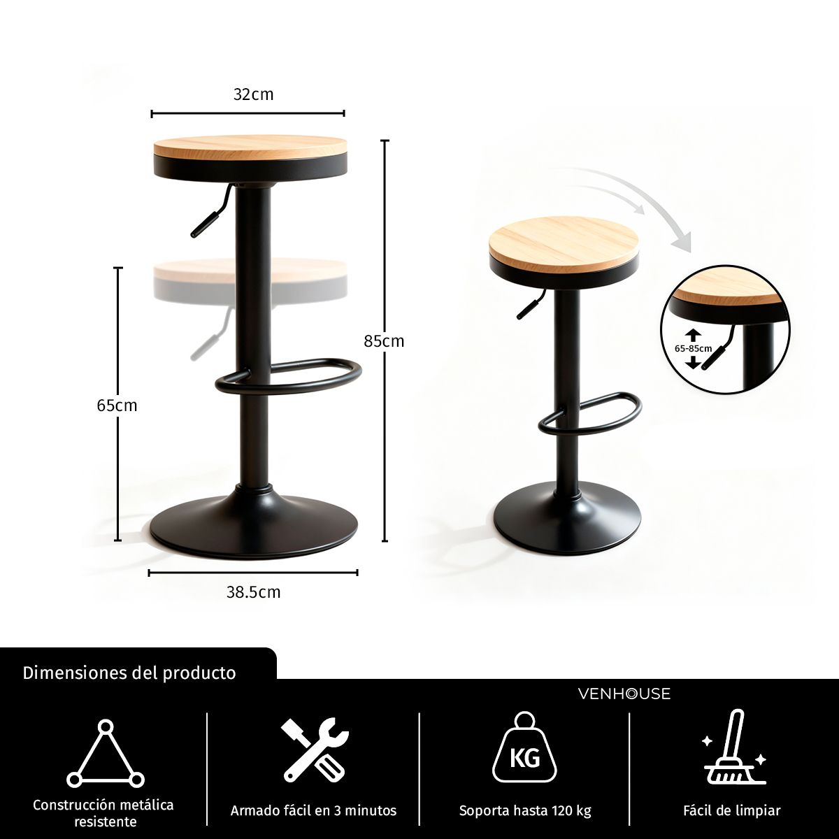 VENHOOUSE - Pack 2 Taburete Aron Altura Regulable Con Asiento De Madera Negro