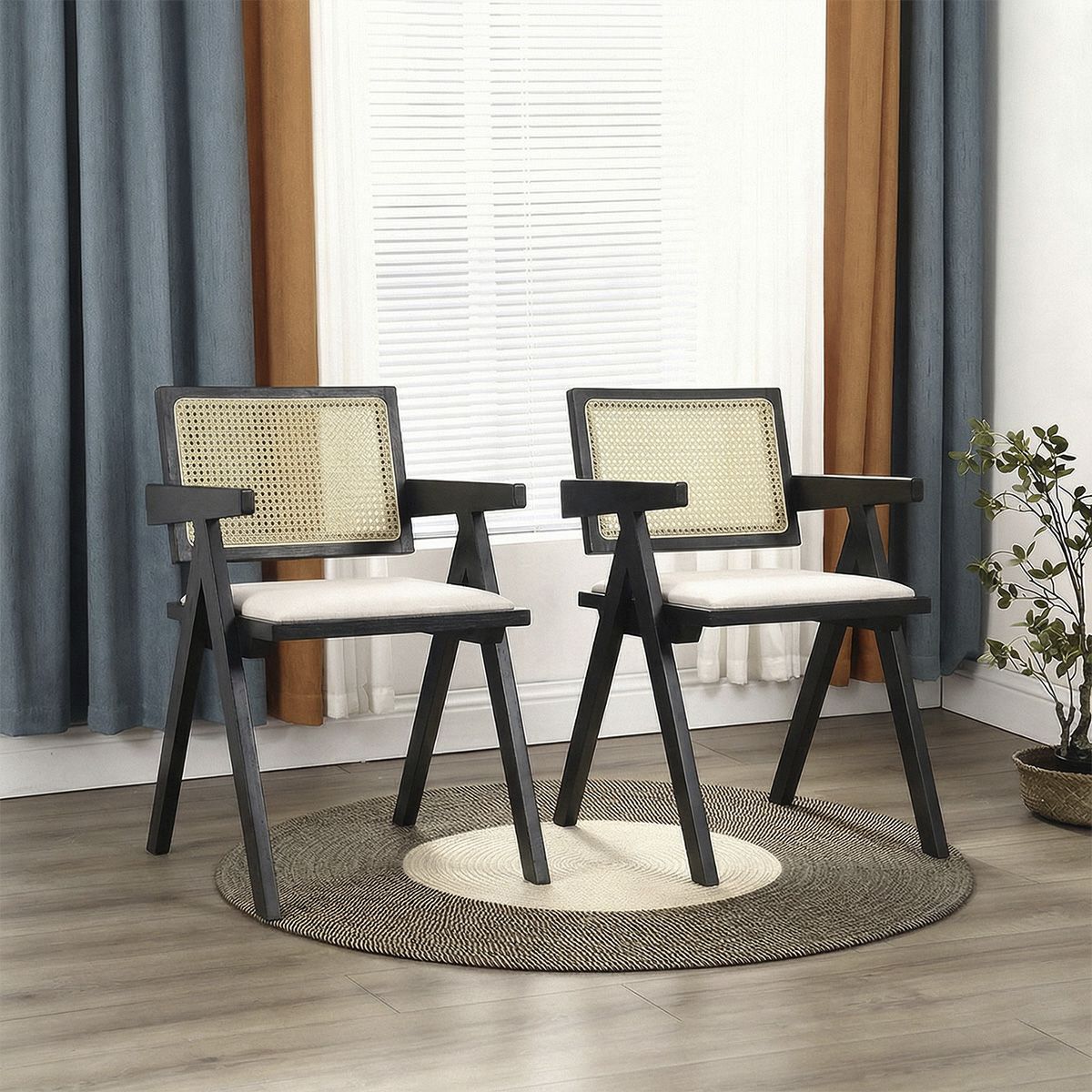 VENHOOUSE - Pack 2 Sillas Comedor Chandigarh Con Cojín De Lino Madera Negra