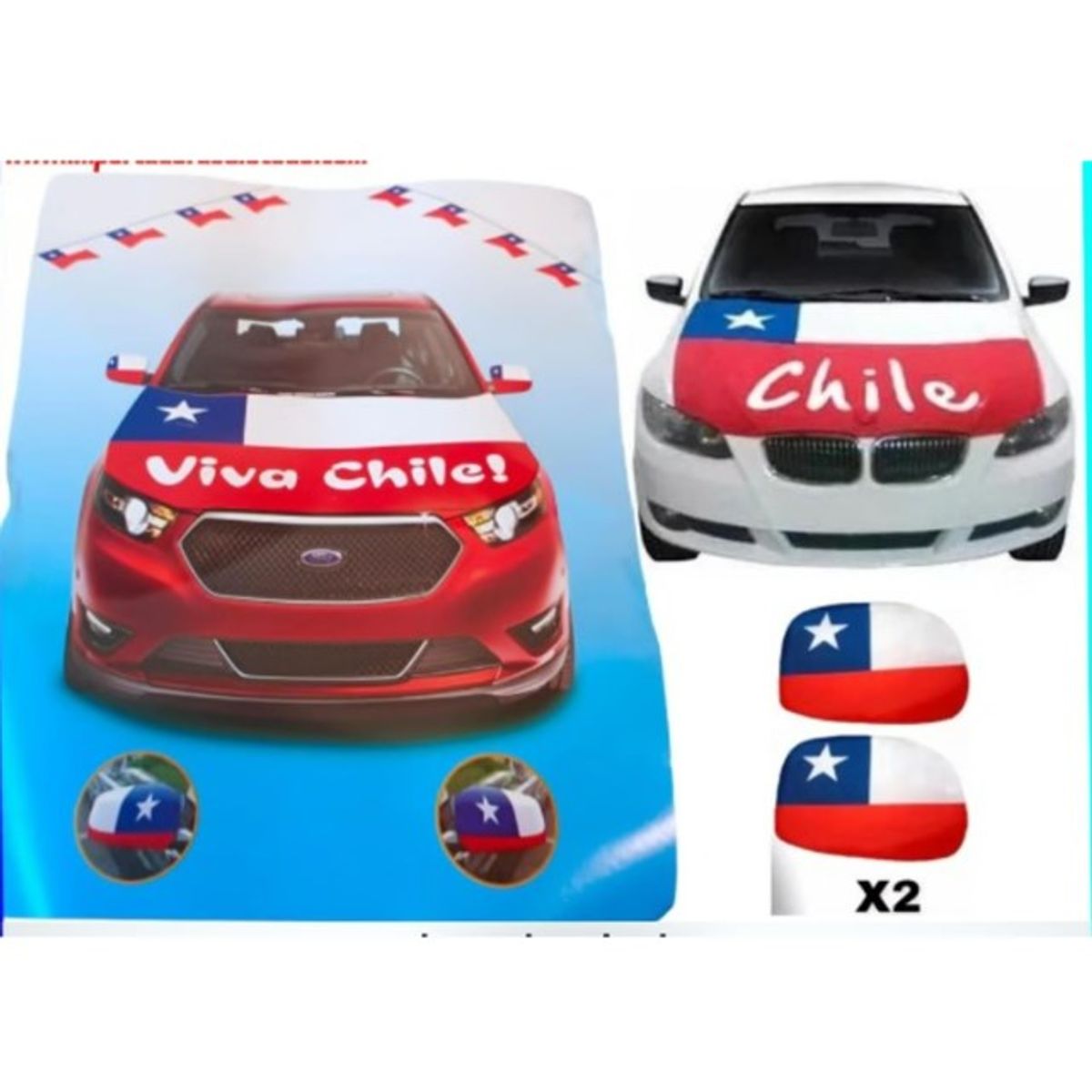 GENERICO - Set Cubre Capot y Espejos 3 piezas Viva Chile