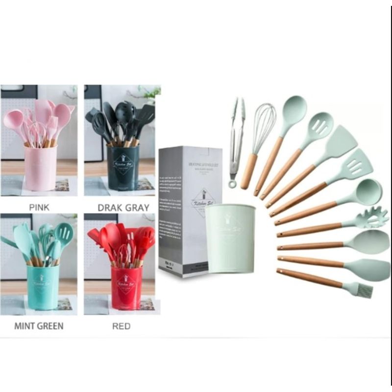 GENERICO - Utensilios De Cocina Con Soporte De Madera - Juego De 12 Pzs Verde