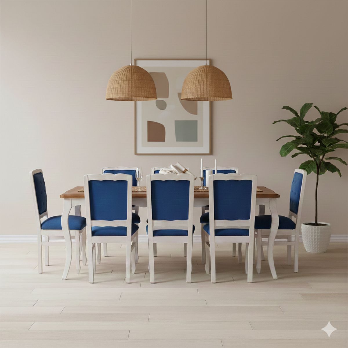 MUEBLES NATIVA - Comedor Normando 100x200 8 Sillas Respaldo tapizado Azul Cubierta Miel