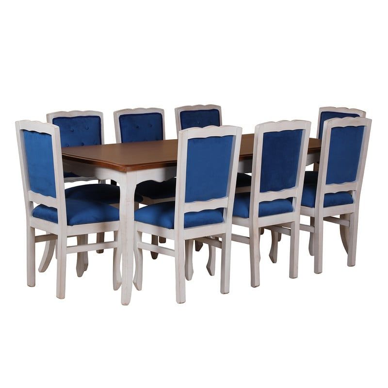 MUEBLES NATIVA - Comedor Normando 100x200 8 Sillas Respaldo tapizado Azul Cubierta Miel