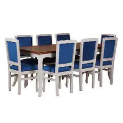 MUEBLES NATIVA - Comedor Normando 100x200 8 Sillas Respaldo tapizado Azul Cubierta Miel