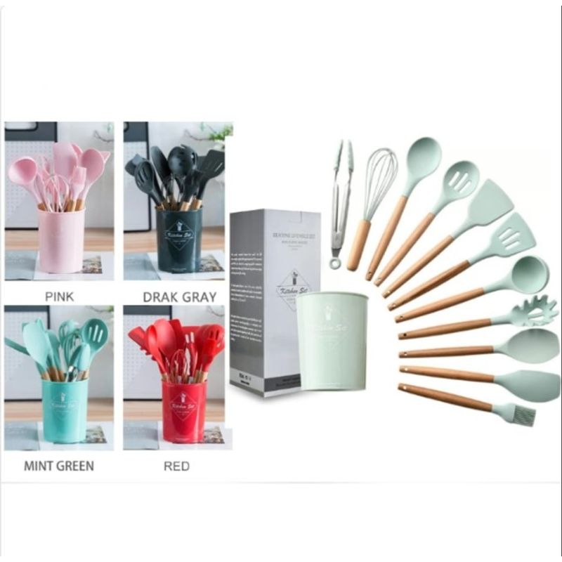 GENERICO - Utensilios De Cocina Con Soporte De Madera - Juego De 12 Pzs Rojo