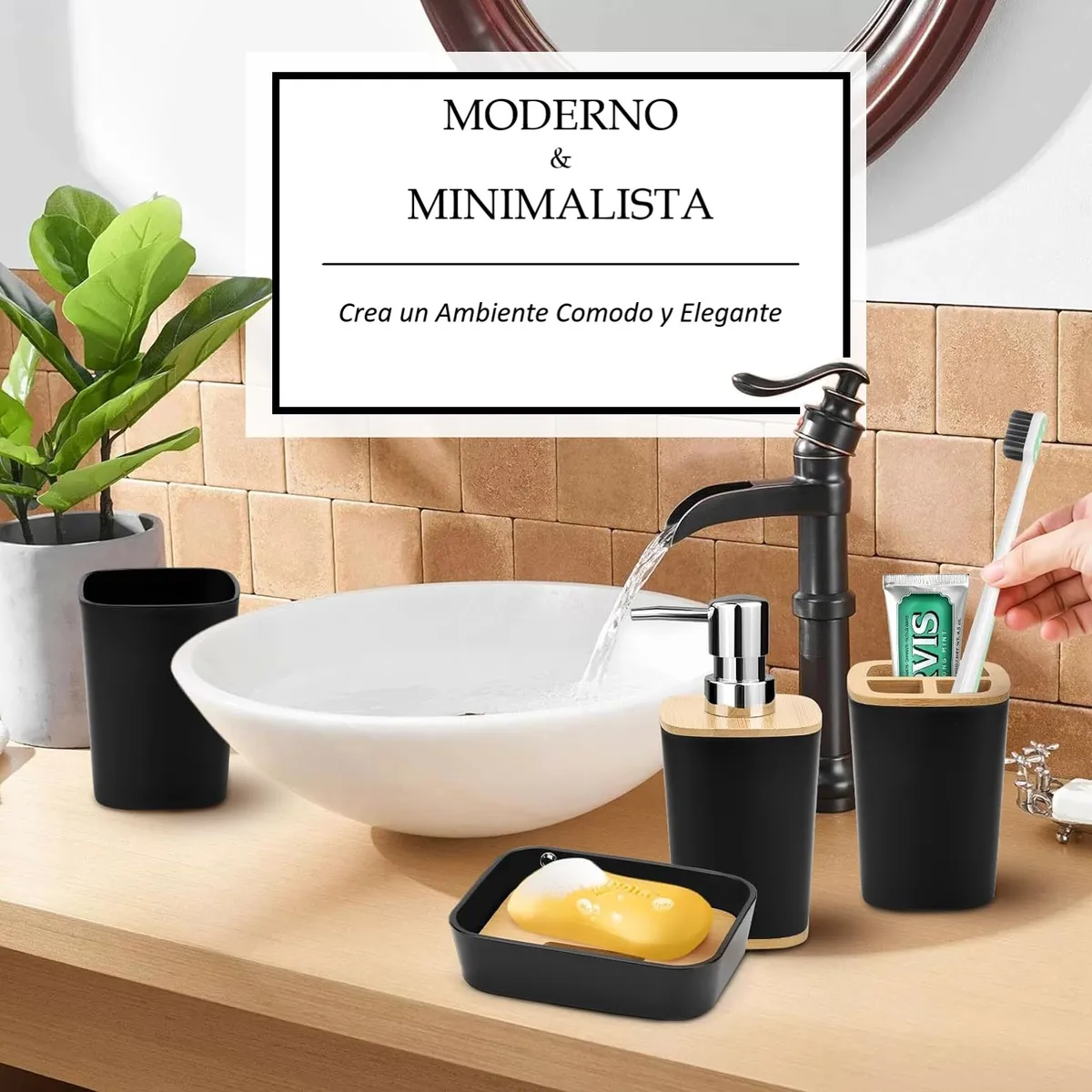 WAKESHOME - Juego de Accesorios Set De Baño 6 Piezas Inoxidable Cepillo Wc