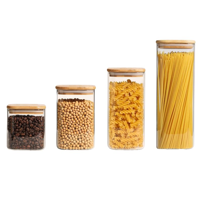 WAKESHOME - Set 4 Contenedores De Vidrio Con Tapa De Bambu Herméticos