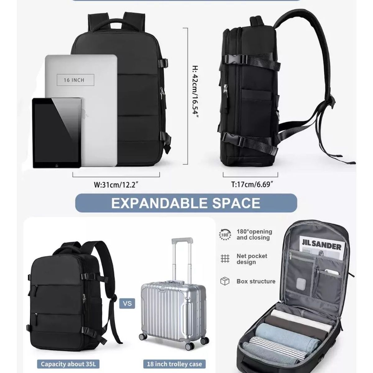 GENERICO - Mochila Bolso Viaje Organizador Abajo Avion 40l Capacidad GRIS