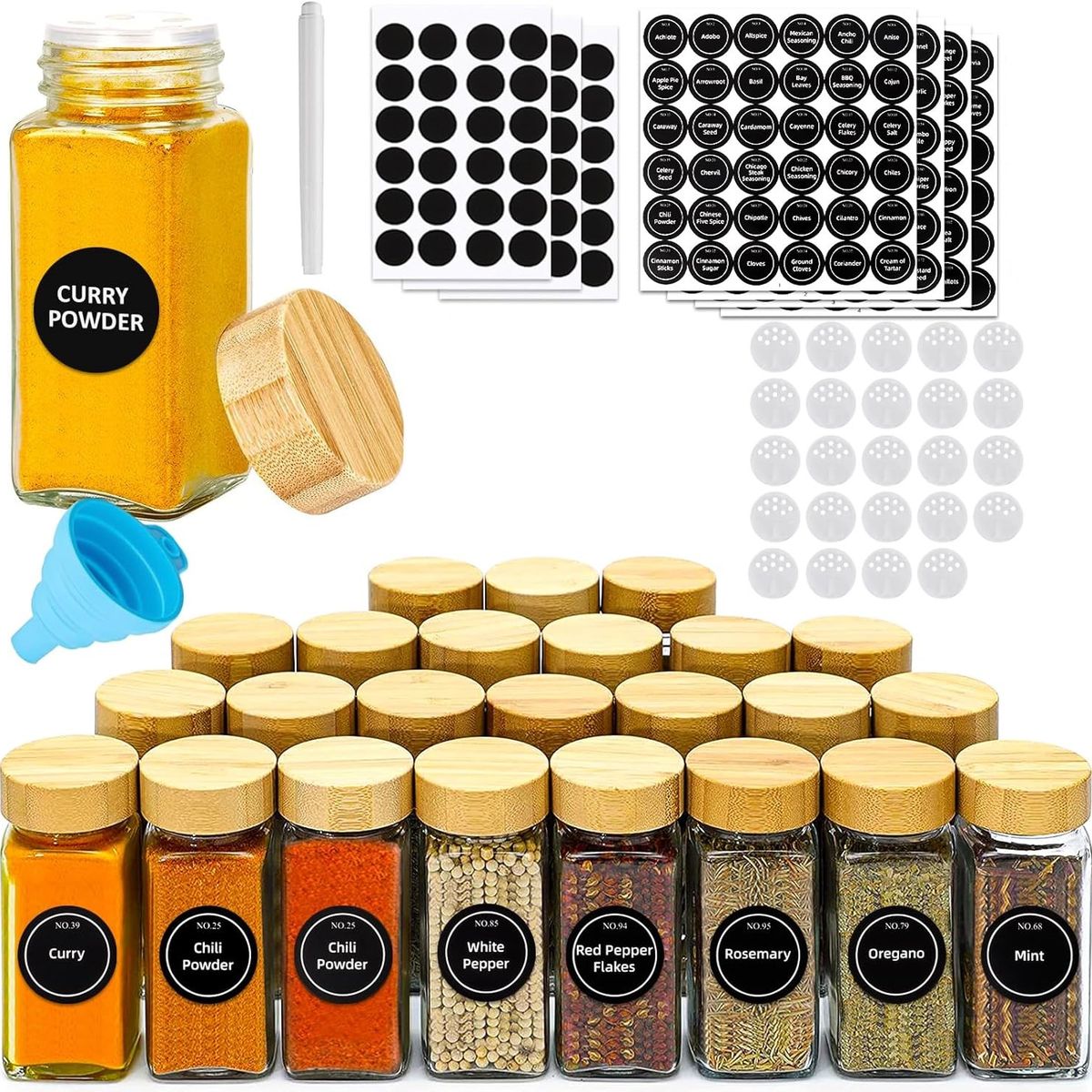 WAKESHOME - 24 Frascos De Especias Con Tapa De Bambú
