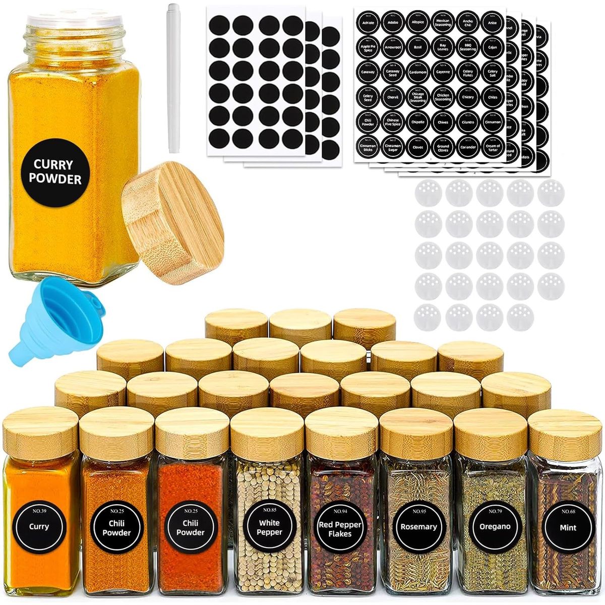 WAKESHOME - 24 Frascos De Especias Con Tapa De Bambú