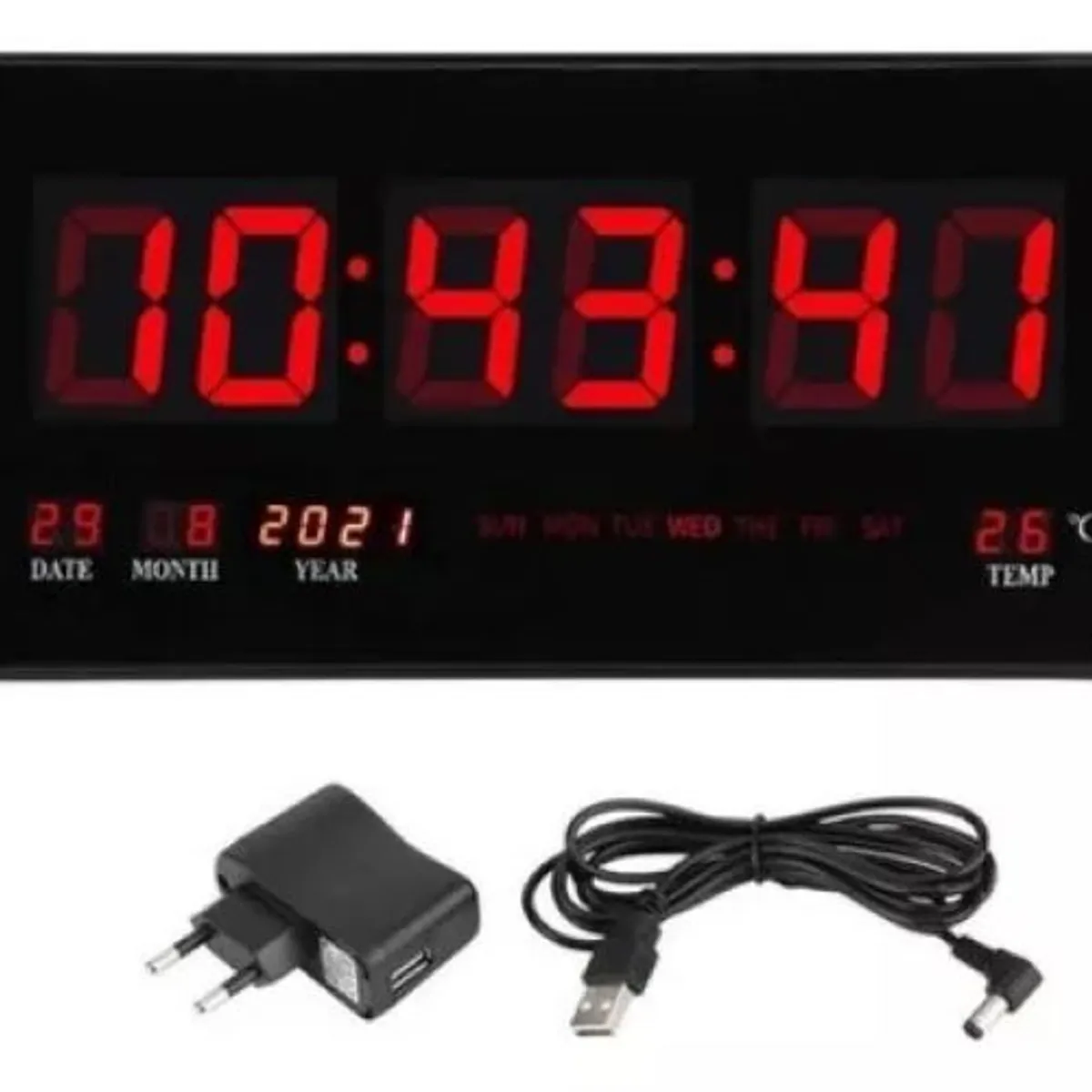 GENERICO - Reloj Digital Pared Luz Led Hora Fecha Temperatura 26x15cm