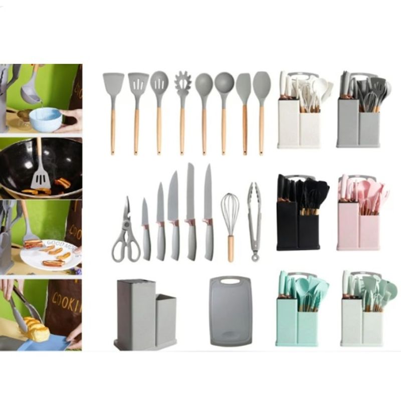 GENERICO - Utensilios De Cocina Con Soporte De Madera Juego De 19 Pzs Rosado