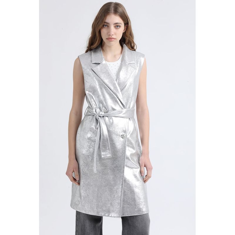 LIOLA - Chaqueta Larga Efecto Gamuza Metalizada, Plateado Liola