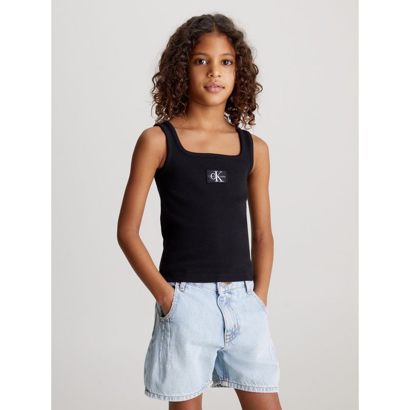 CALVIN KLEIN - Polera Niña Rib Badge Square Negro Calvin Klein