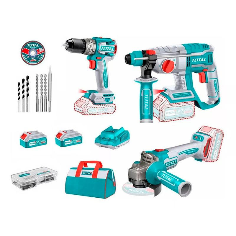 TOTAL TOOLS - Kit Taladro + Rotomartillo + Galletera Esmeril 20v Total
